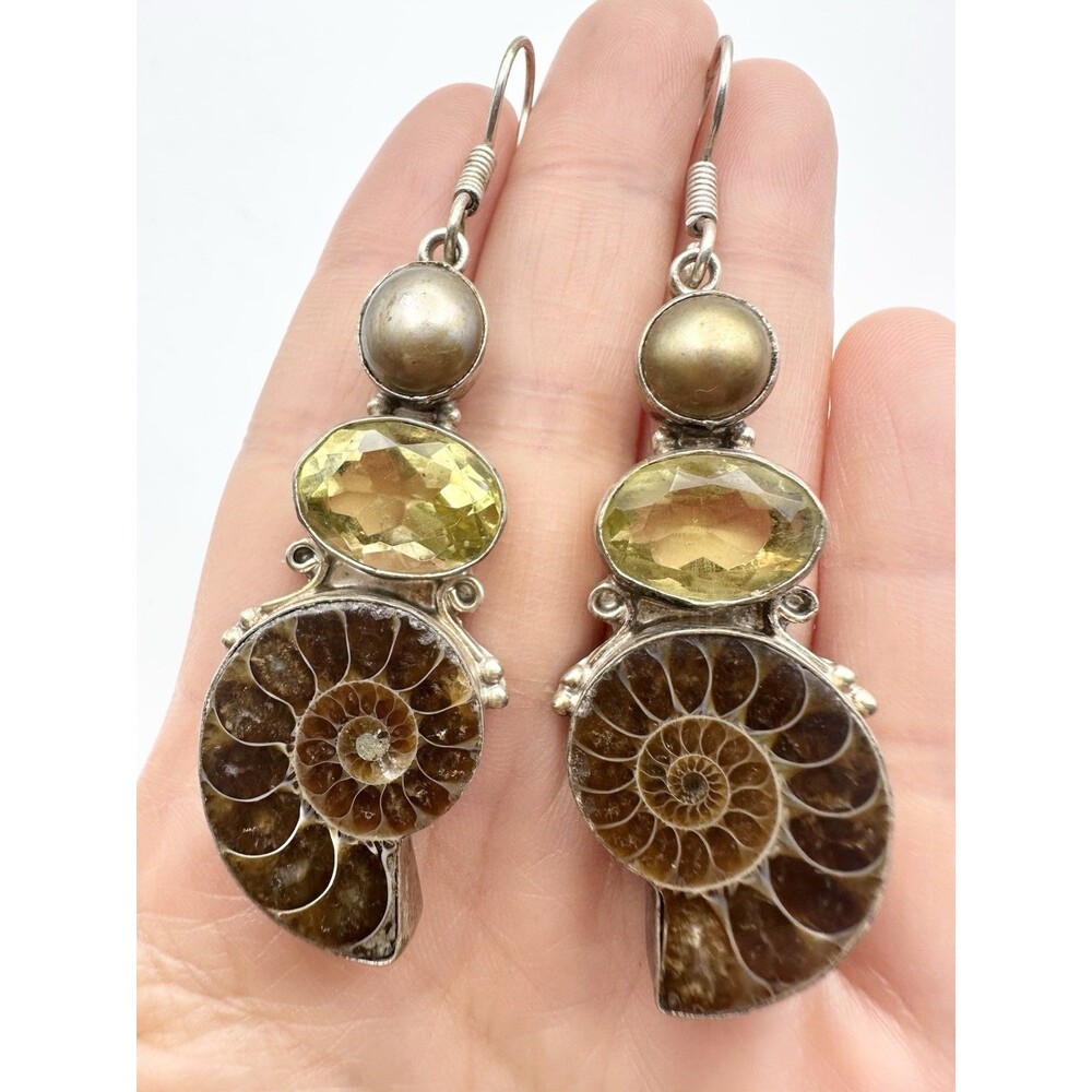 Amonite Fossil Real Pearl Faceted Stone Earrings